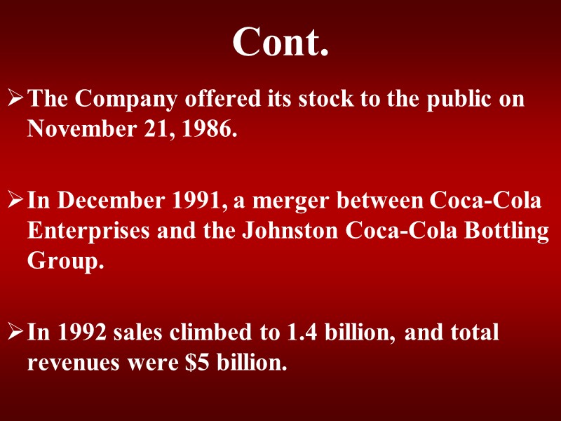 Cont. The Company offered its stock to the public on November 21, 1986. 